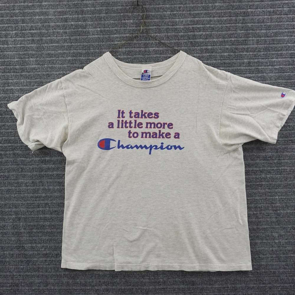 Vintage 90s Champion T-Shirt Mens XL Gray Graphic Slogan Made in USA